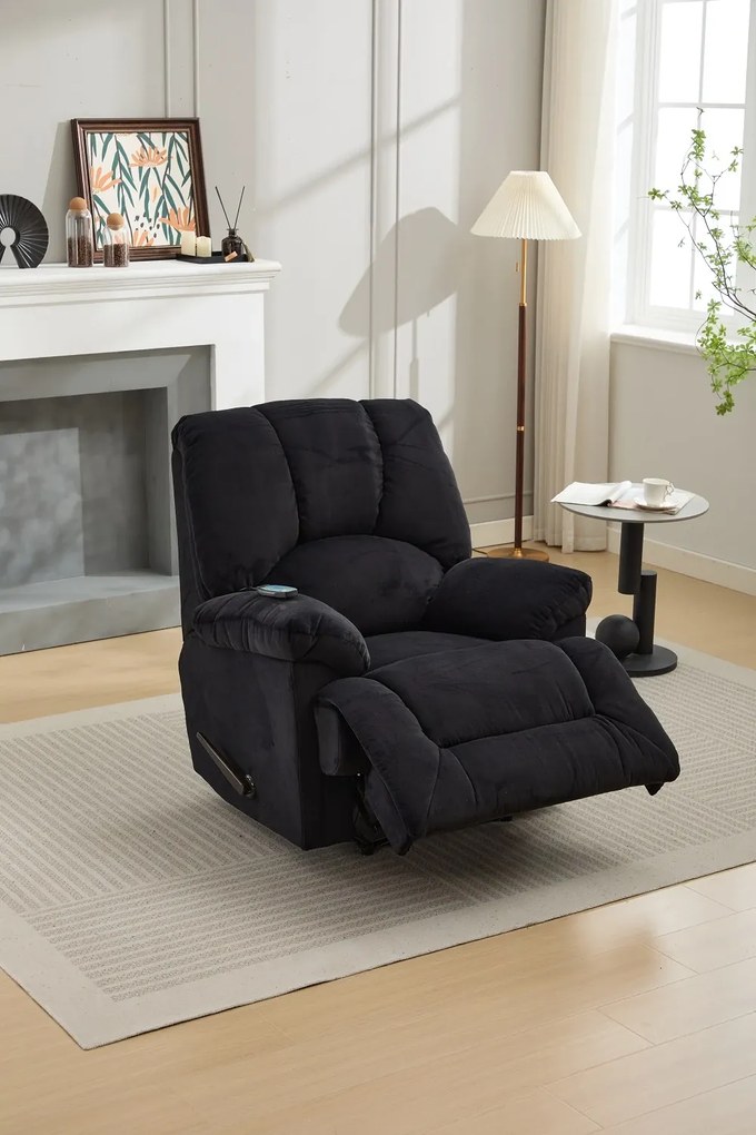 Fotoliu Masaj, Recliner, suport picioare extensibil, Textil, Negru
