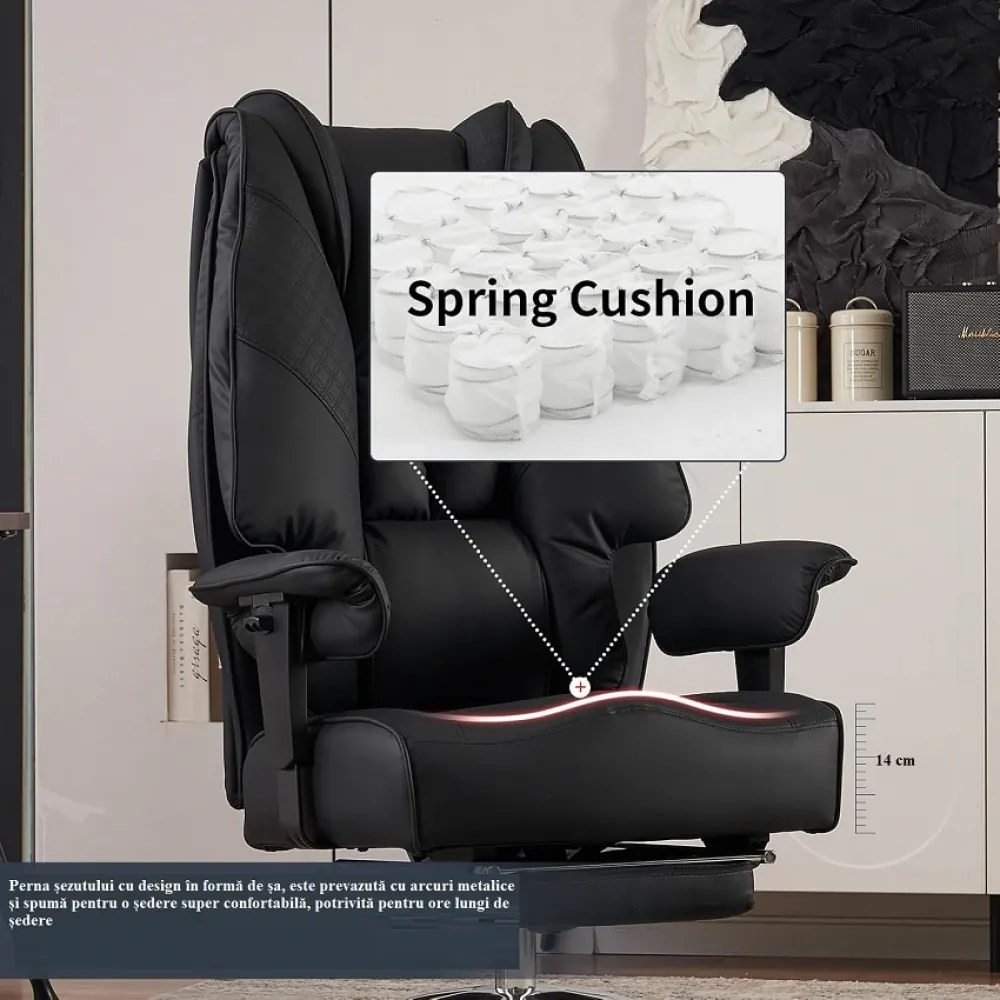 Scaun directorial, Rezistent 180 kg, Sezut cu Arcuri Metalice și Spumă, cotiere reglabile inaltime, piele PU, Negru