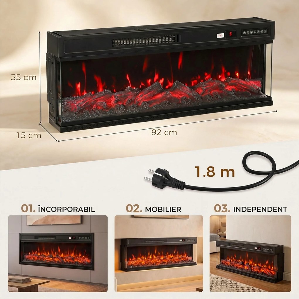 HOMCOM Șemineu Electric de Podea/Încastrabil, 3 Laturi, cu Telecomandă, 750/1500W, Efect Flacără 3D 12 Culori, 5 Niveluri de Luminozitate | Aosom Romania