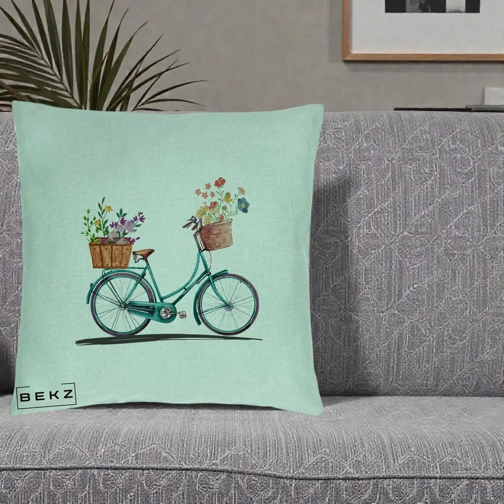 Perna Decorativa Bicicleta Florala Turcoaz Acuarela, 40x40 cm, Verde Menta, Husa Detasabila, Perna Inclusa, BEKZ®