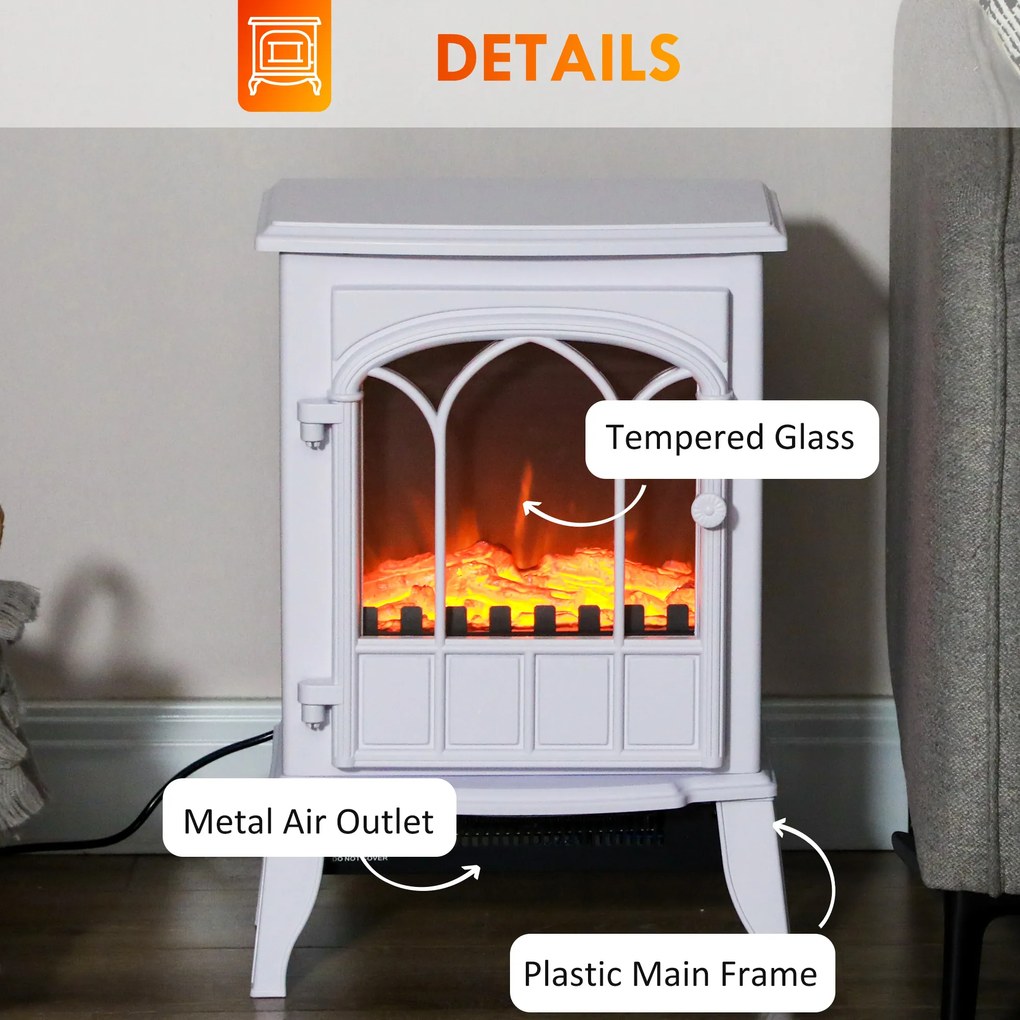 HOMCOM Șemineu Electric de Podea 1000W/2000W Efect de Flacără Luminositate Reglabilă Alb | Aosom Romania