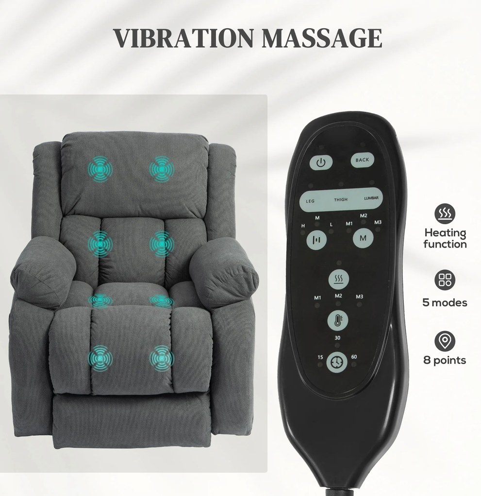 HOMCOM Fotoliu de Ridicare și Înclinare cu 2 Buzunare și Telecomandă, Gri | Aosom Romania