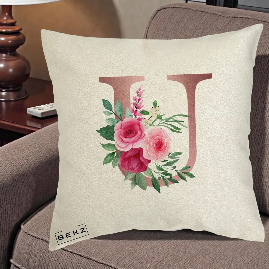 Cadou Personalizat - Perna Personalizata Monograma Rose Gold Litera U, 40x40 cm, Ecru, Husa Detasabila, Perna Inclusa, BEKZ®