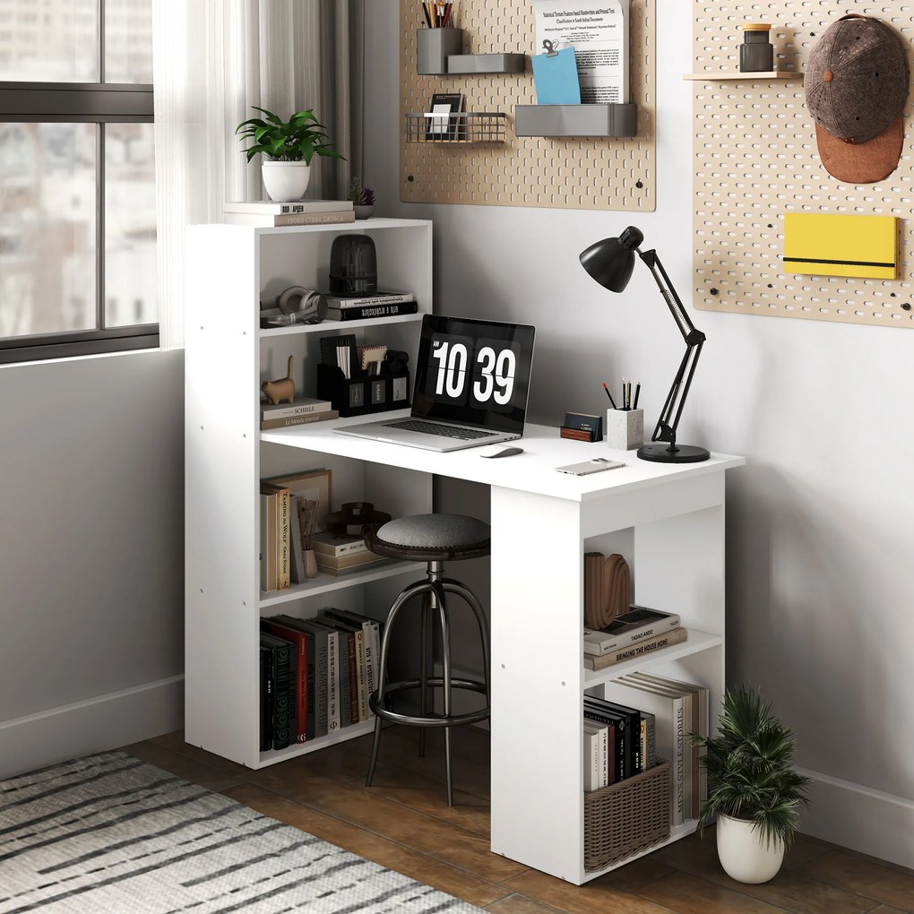 Birou alb modern cu biblioteca cu 6 rafturi din PAL,120x55x120cm HOMCOM | Aosom Romania