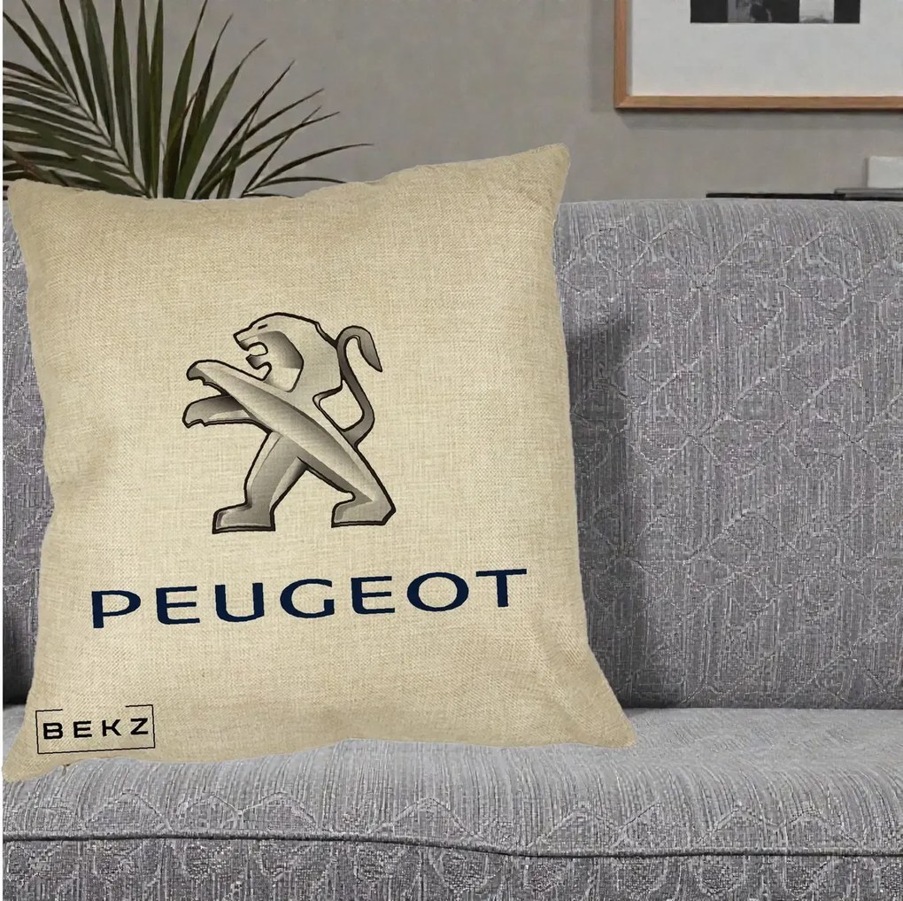 Perna Personalizata cu emblema Peugeot, 40x40 cm, Crem, Husa Detasabila, Perna Inclusa, BEKZ®