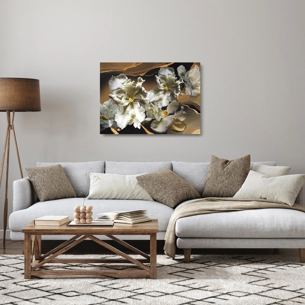 Tablou pe sticlă - Flori de orhidee pe fundal de marmură (70x50 cm)