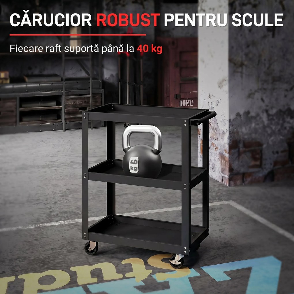 HOMCOM Cărucior pentru Scule cu 3 Rafturi cu Margini Înalte, 70,5x35x82,5 cm, Negru | Aosom Romania