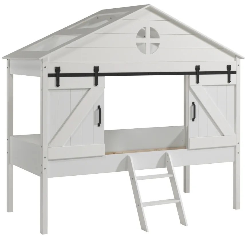 Pat Semi-Supraetajat Barnie pentru Copii, 90x200 cm, Alb (Pin Masiv și MDF) – Barnie – Vipack
