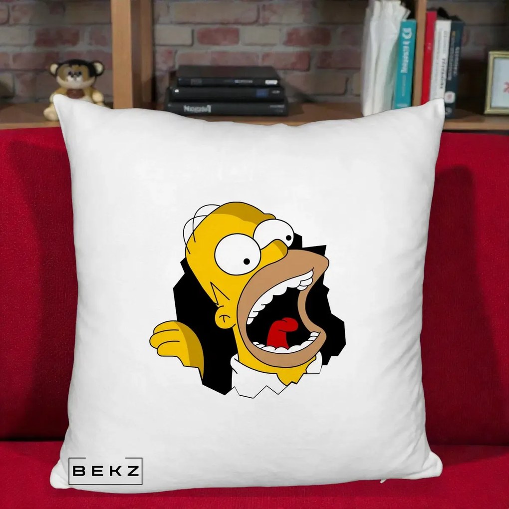 Perna Personalizata Homer Simpson Surpriza, 40x40 cm, Alb Pufos, Husa Detasabila, Perna Inclusa, BEKZ®