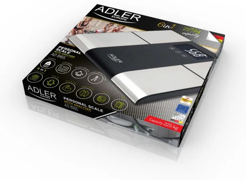 Cantar corporal Adler AD 8165, Pana la 225 kg, Memorie pana la 10 utilizatori, Afisaj LCD, 3 x AAA, Inox/Negru