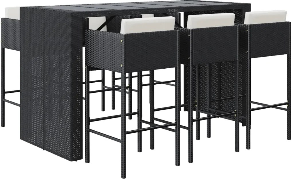 vidaXL Set bar de grădină, 7 piese, cu perne, negru, poliratan