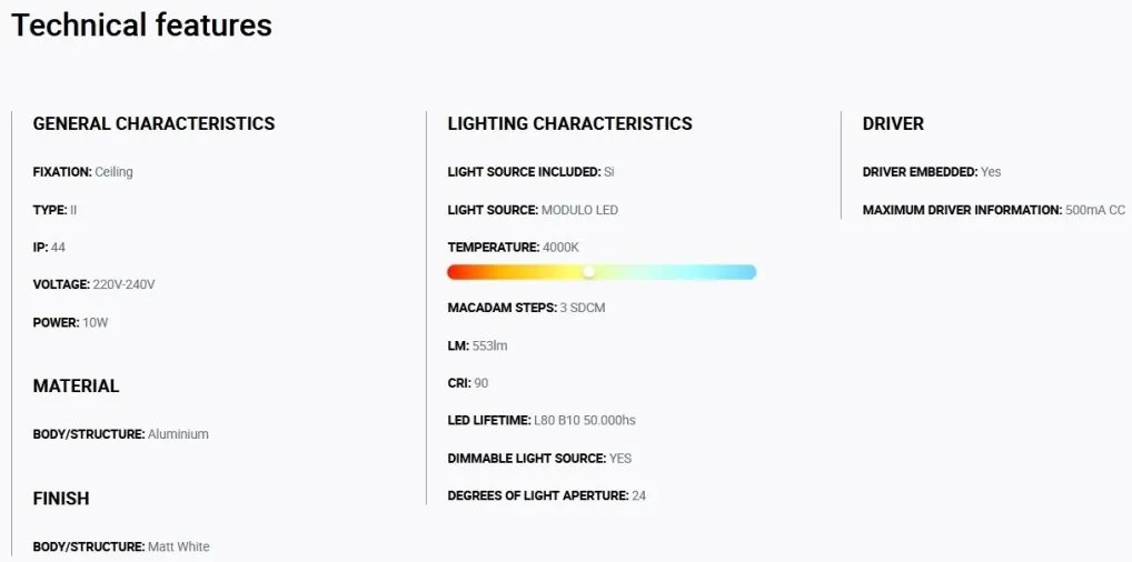 Spot LED incastrabil TULIPA White recessed downlight 10W 24° 4000K CRI90 casambi IP44