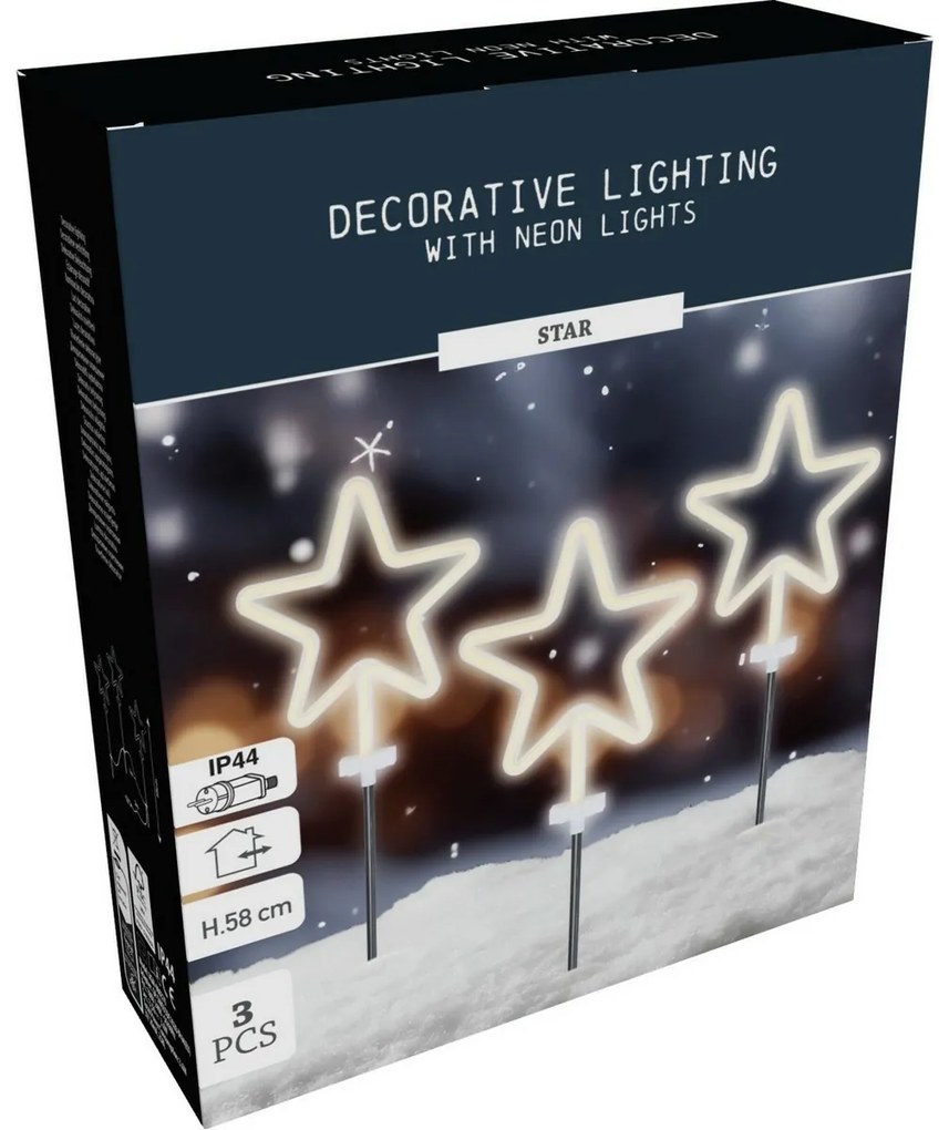 Iluminat exterior de Crăciun cu LED-uri Stea neon,set de 3 bucăți, înălțime 58 cm