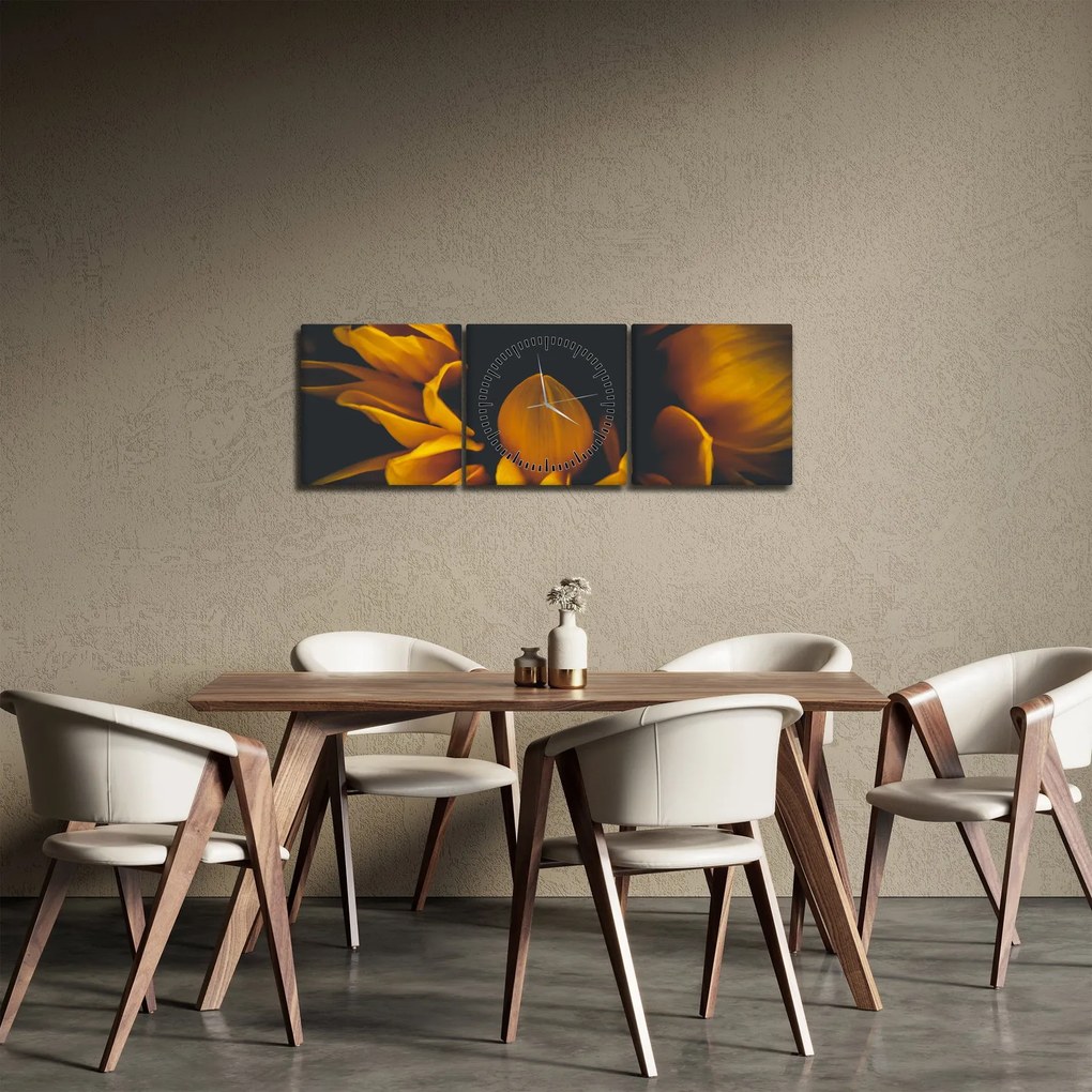 Tablou - Floarea-soarelui în fundal negru (cu ceas) (90x30 cm)