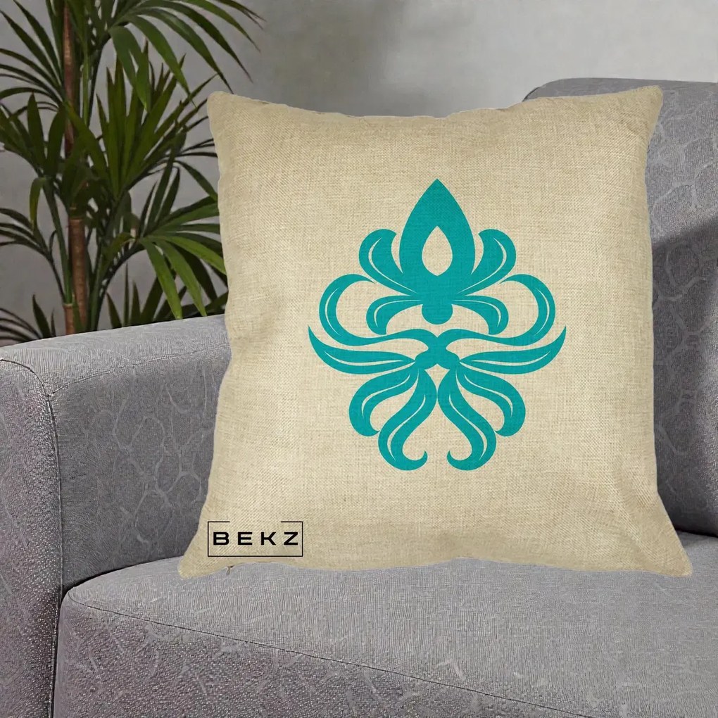 Perna Decorativa Ornament Turcoaz Fleur de Lis, 40x40 cm, Crem, Husa Detasabila, Perna Inclusa, BEKZ®
