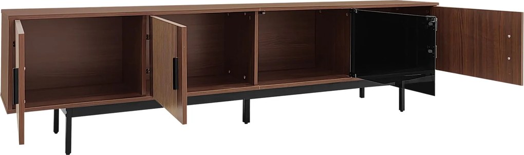 TV-Lowboard cu iluminare LED, 3 uși cu textură sculptată, mult spațiu de depozitare, 200x35x53 cm, Culoare naturală