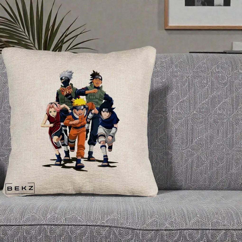 Perna Personalizata Naruto Echipa 7 Kakashi Sensei, 40x40 cm, Bej Canapea, Husa Detasabila, Perna Inclusa, BEKZ®