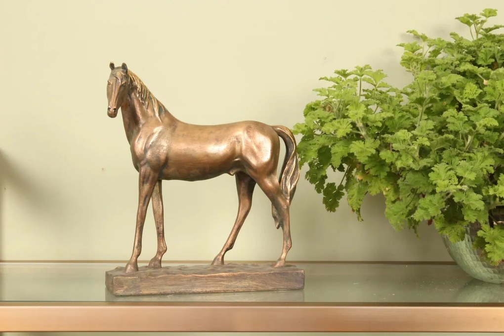 Statuetă decorativă din polirășină, bronz, cal pe soclu dreptunghiular, finisaj antichizat, 28 x 24 x 8,5 cm, „Étalon”