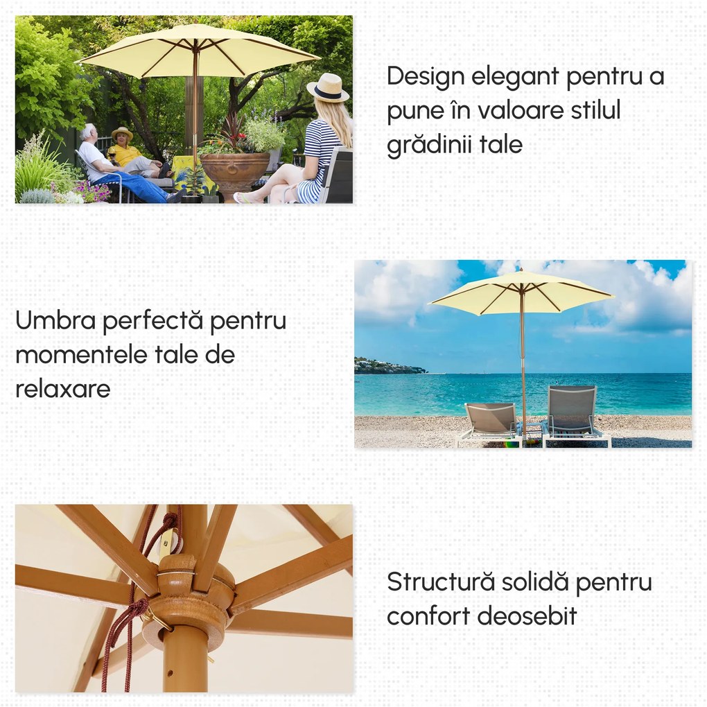 Outsunny Umbrelă de Soare pentru Grădină cu Suport din Lemn, Design Elegant, 2.5x2.3m, Crem, Protecție UV | Aosom Romania