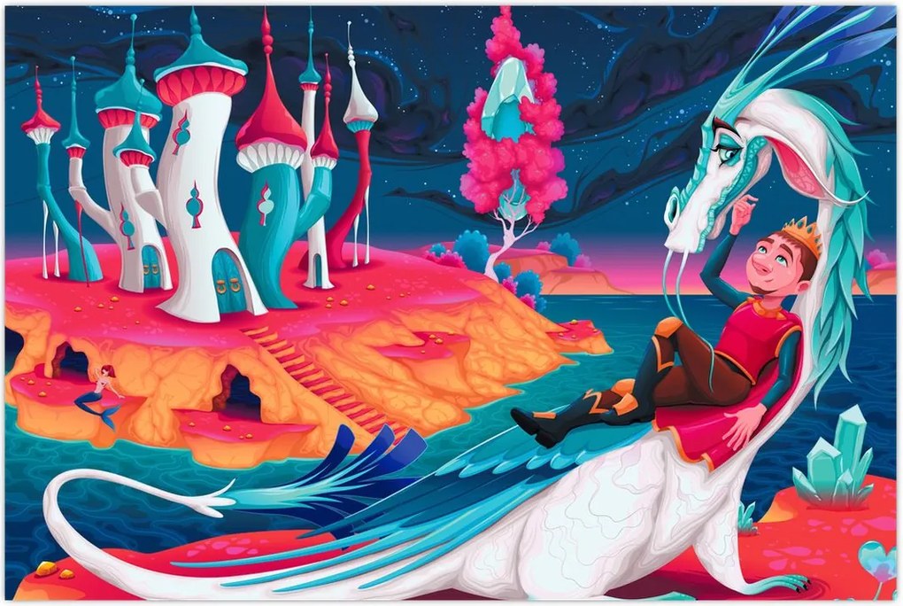 Tablou - Prinț și prințesa cu dragon (90x60 cm)