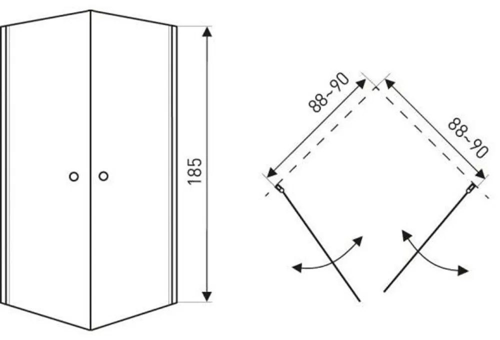 Cabină de duș pătrată MADRID90 cu ușă batantă, 90x90x185 cm