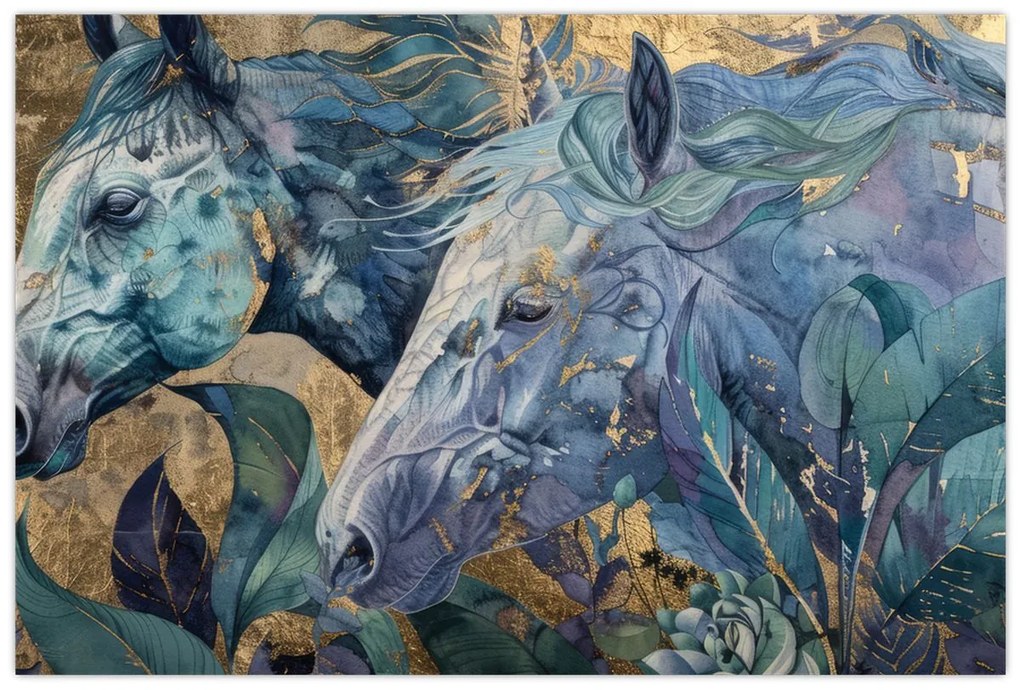 Tablou - Cai cu fundal auriu (90x60 cm)