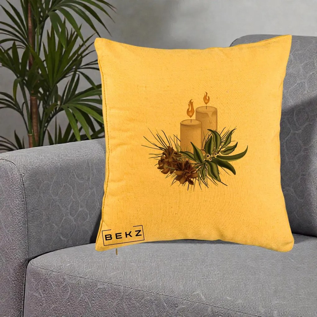 Perna Decorativa Lumanari cu Ilex si Conuri Ilustratie, 40x40 cm, Galben, Husa Detasabila, Perna Inclusa, BEKZ®