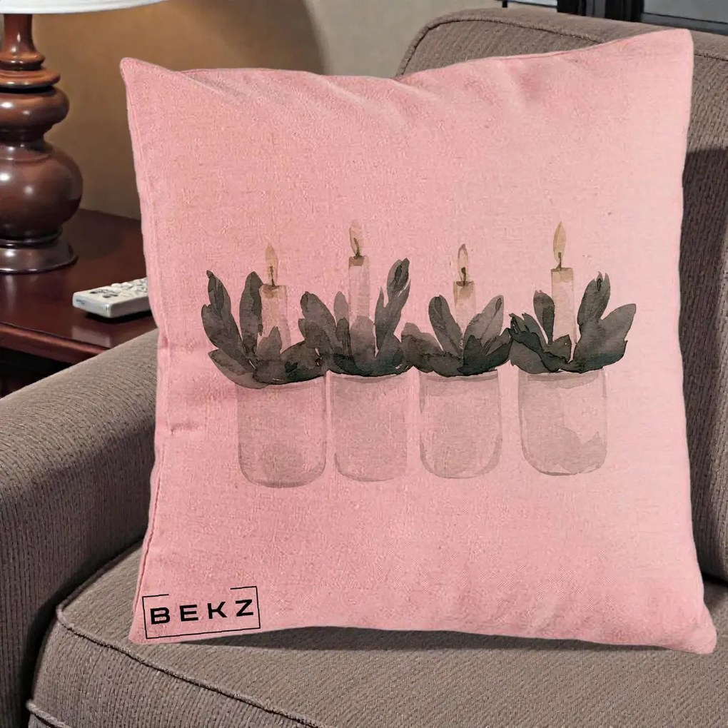 Perna Decorativa Lumanari in Borcane cu Eucalipt, 40x40 cm, Roz, Husa Detasabila, Perna Inclusa, BEKZ®