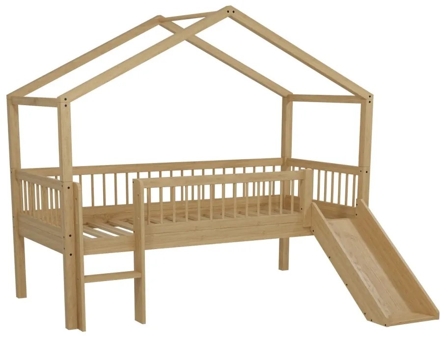 Pat Casă Înălțat Forrest Oak 90x200 cm, pentru Camera Copii, din Lemn de Stejar, Natur, cu Tobogan și Set Textil – Vipack