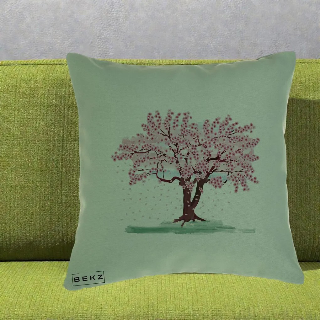 Perna Decorativa Cires Inflorit Acuarela, 40x40 cm, Verde, Husa Detasabila, Perna Inclusa, BEKZ®