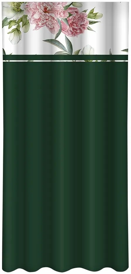 Draperie elegantă de culoare verde închis cu imprimare de bujori roz Lățime: 160 cm | Lungime: 270 cm