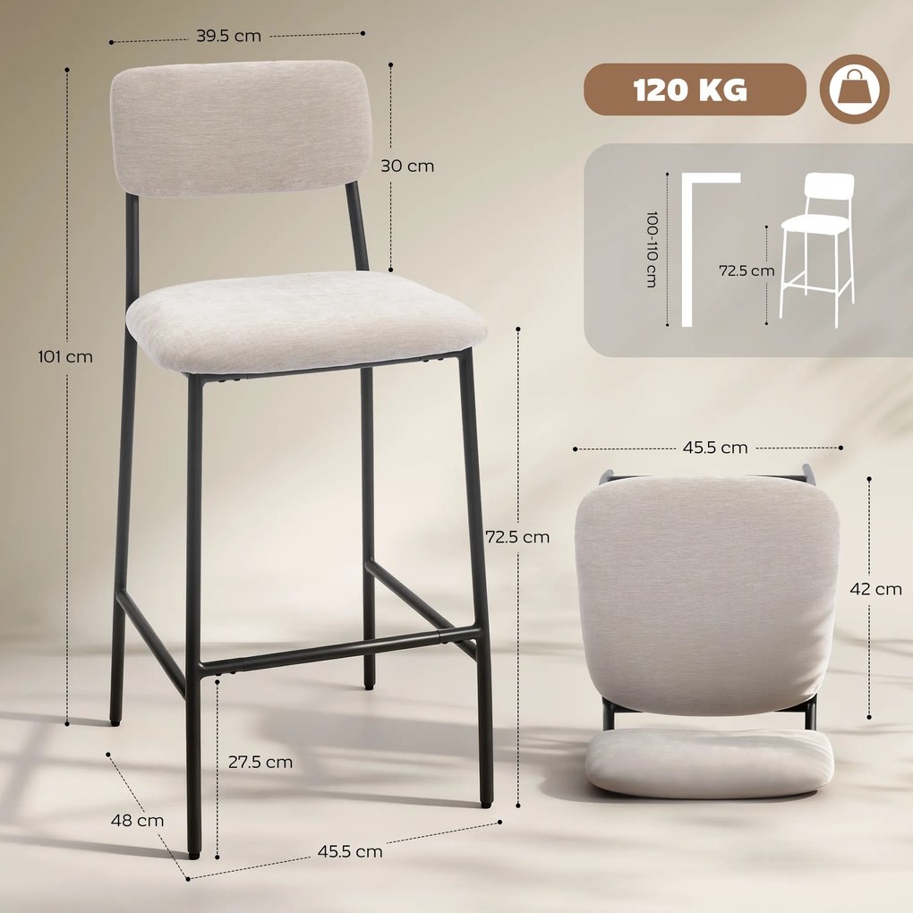HOMCOM Set 2 Scaune de Bar, Scaune de Bucătărie Înalte în Chenille cu Spătar Înalt, Suport pentru Picioare și Sezut Moale Gros, Structură din Oțel, Scaune Înalte de Bar, pentru Peninsula, Sala de Mese, Bar, Crem | Aosom Romania