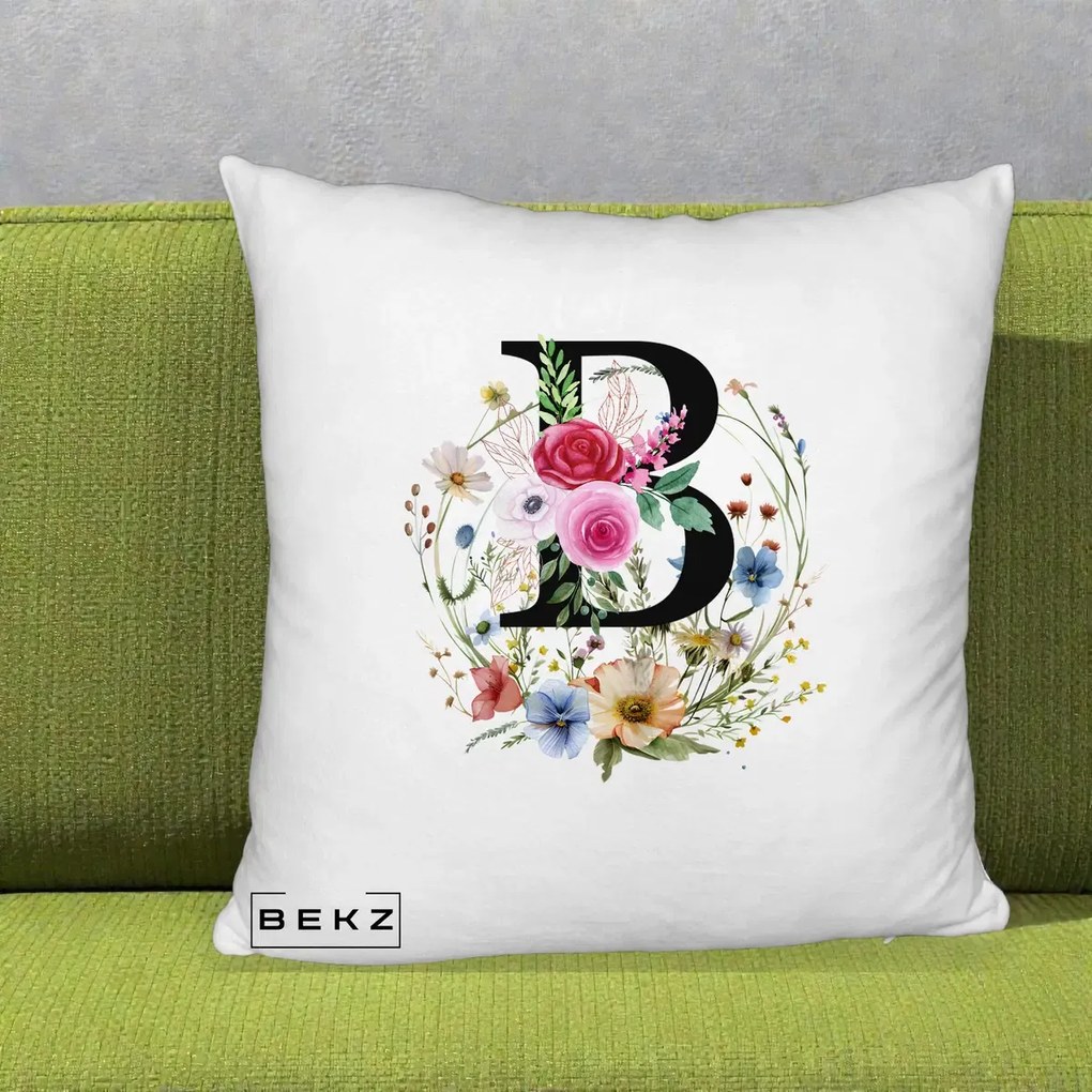 Cadou Personalizat - Perna Personalizata Monogram Litera B cu Flori Acuarela, 40x40 cm, Alb Pufos, Husa Detasabila, Perna Inclusa, BEKZ®