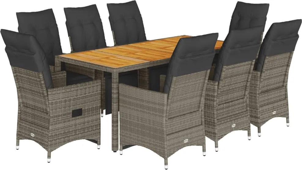 vidaXL Set bistro de grădină cu perne, 9 piese, gri, poliratan