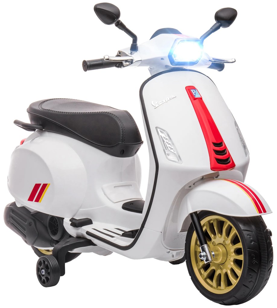 AIYAPLAY Motocicletă Electrică pentru Copii, Motocicletă cu Muzică, Două Motoare, Far, MP3, USB, Radio FM și 2 Roți de Antrenament, 107x47x73 cm, Alb | Aosom Romania