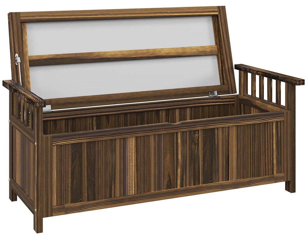 Outsunny Bancă de grădină cu 2 locuri din lemn, rezistentă la intemperii, mobilier de grădină cu spațiu de depozitare și brațe 128,5 x 56 x 53,5cm, Verkohlt | Aosom Romania
