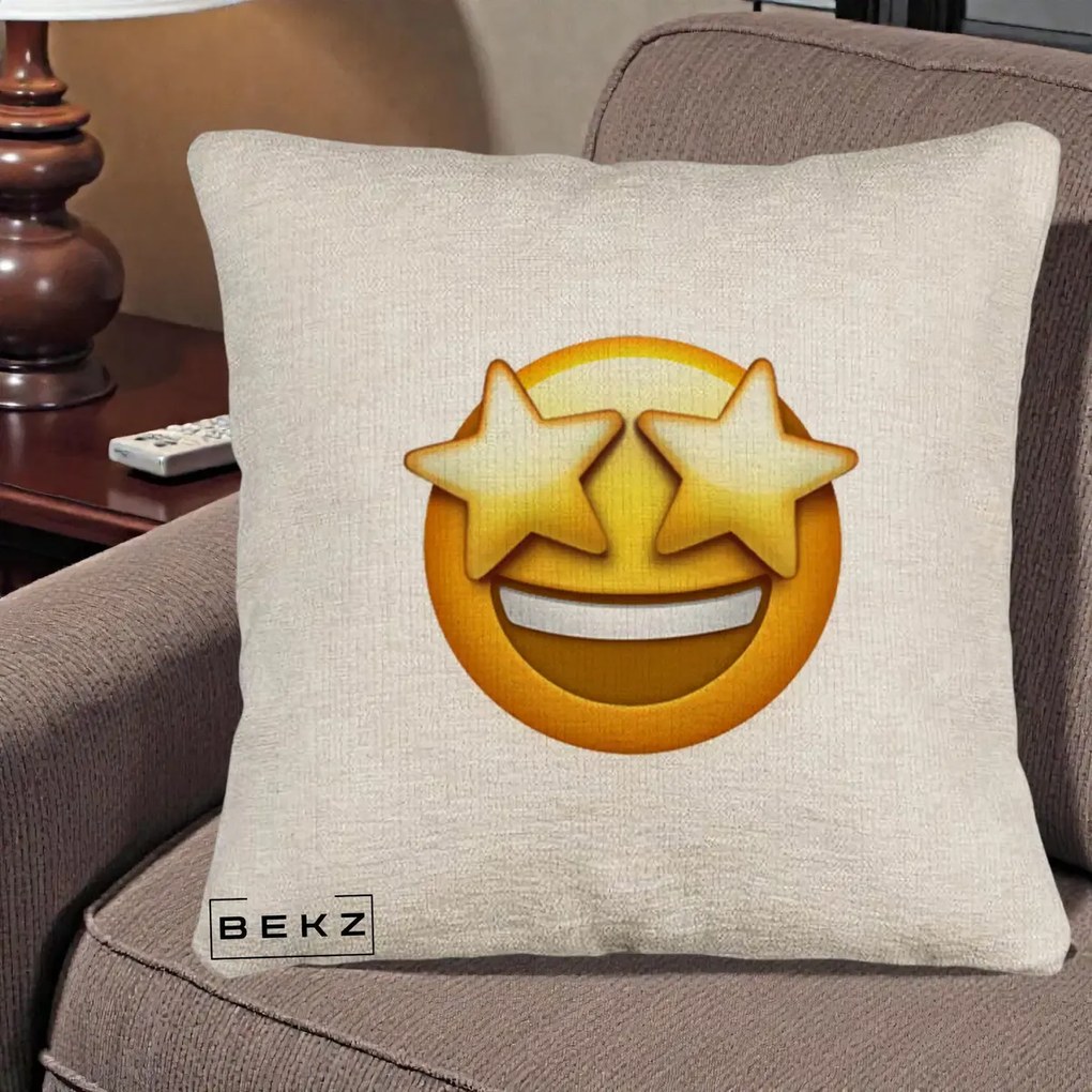 Perna Decorativa Emoji Ochi Stele, 40x40 cm, Bej Canapea, Husa Detasabila, Perna Inclusa, BEKZ®