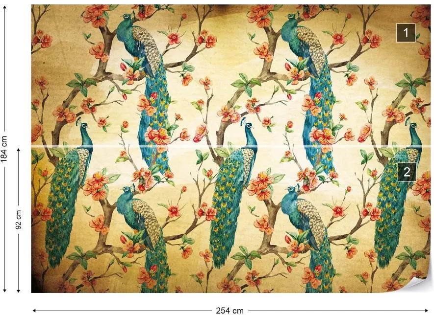 GLIX Fototapet - Peacocks Vintage Pattern Sepia Vliesová tapeta  - 254x184 cm