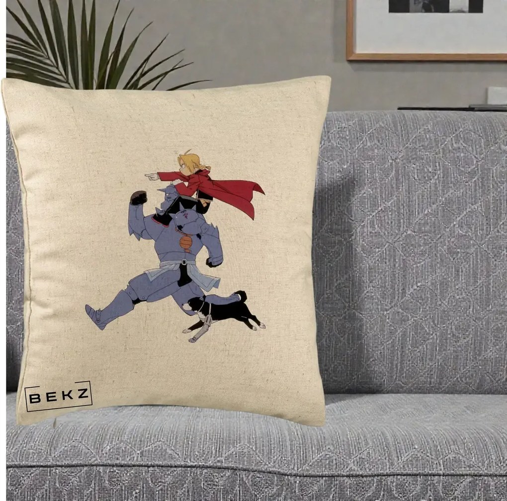 Perna Personalizata Fullmetal Alchemist Edward si Alphonse, 40x40 cm, Bej, Husa Detasabila, Perna Inclusa, BEKZ®