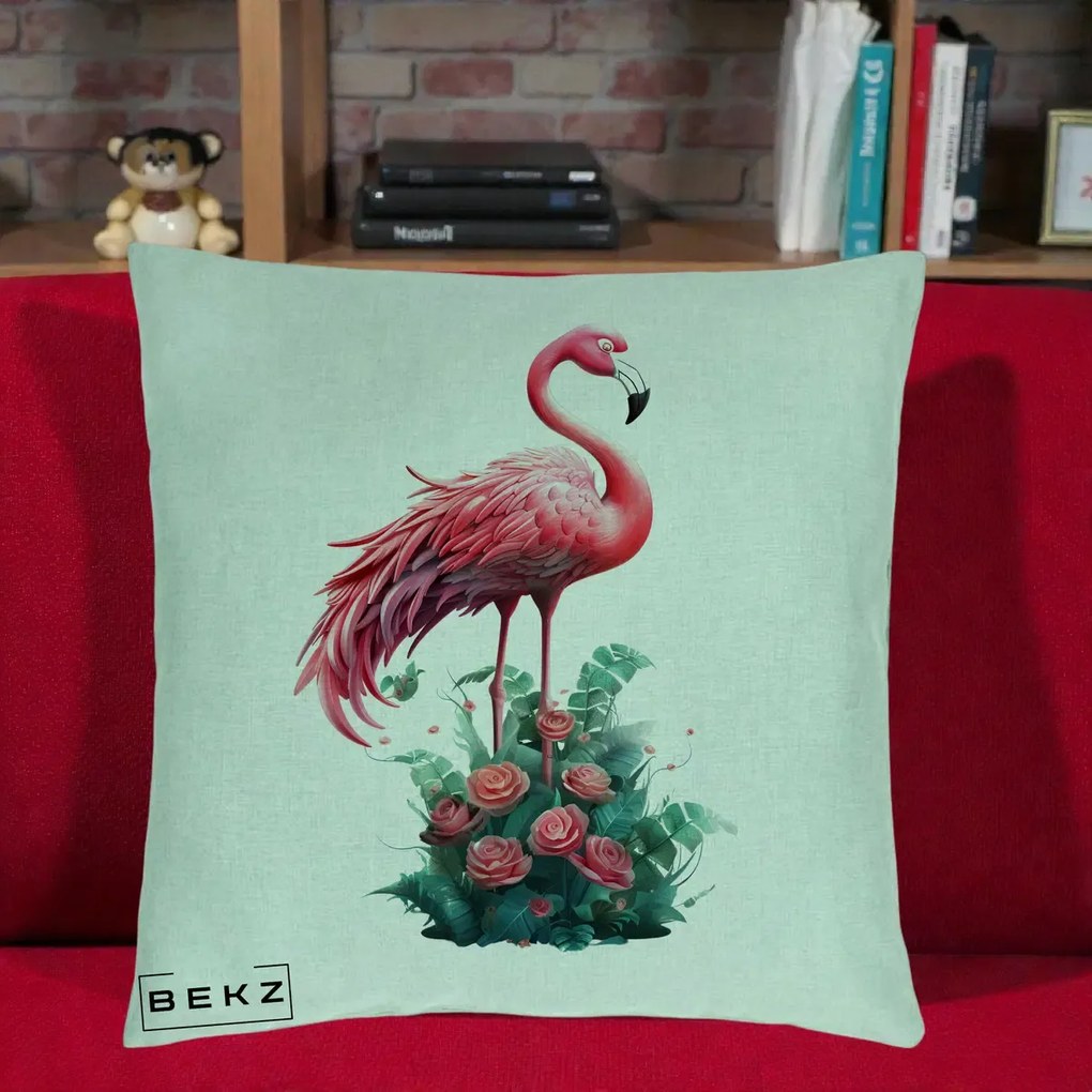 Perna Decorativa Flamingo cu Trandafiri Tropicali, 40x40 cm, Verde Menta, Husa Detasabila, Perna Inclusa, BEKZ®