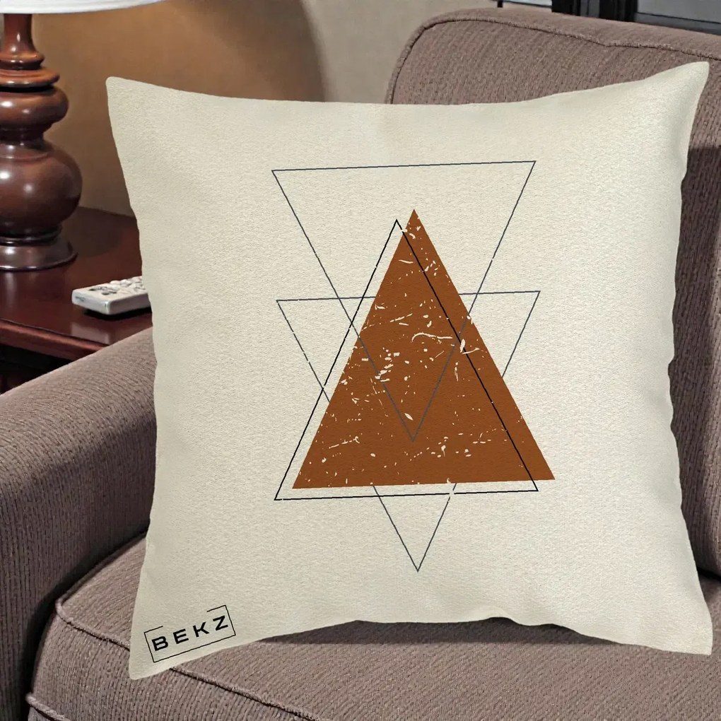 Perna Decorativa Geometric Triunghiuri Sacred, 40x40 cm, Ecru, Husa Detasabila, Perna Inclusa, BEKZ®