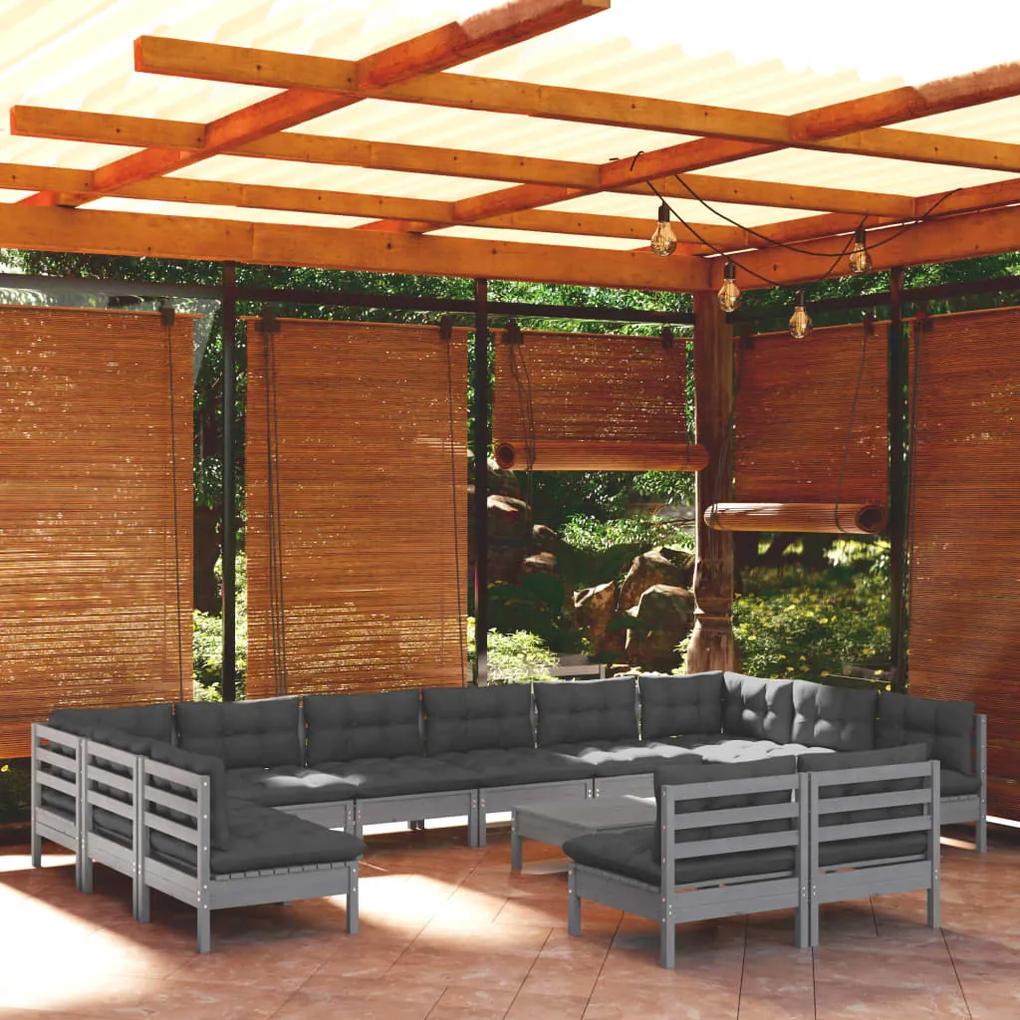 3097231 vidaXL Set mobilier grădină cu perne, 13 piese, gri, lemn masiv pin