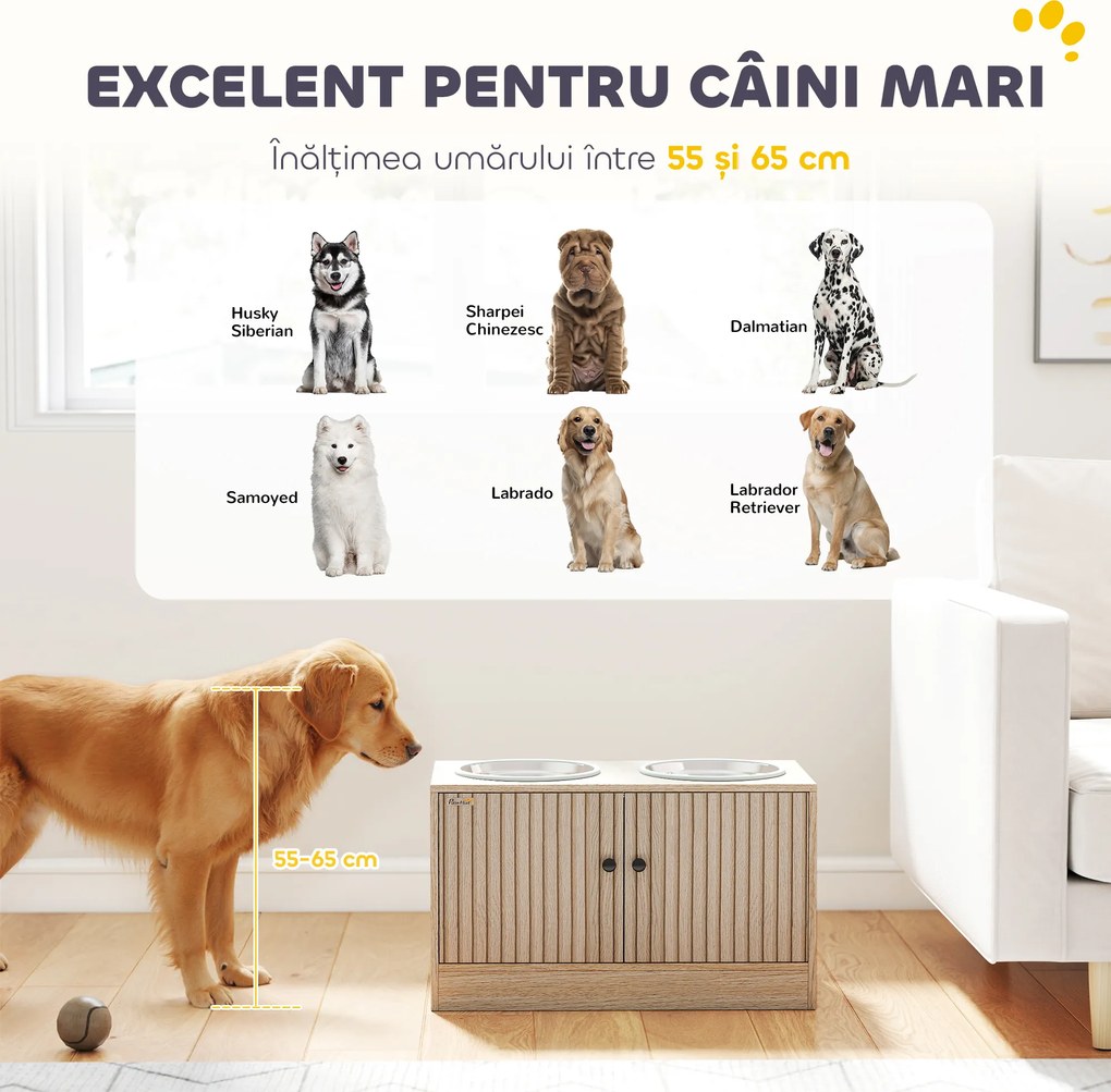 PawHut Suport pentru boluri pentru câini cu 2 boluri de 2L și dulap inferior, din lemn, 60x30x35,5 cm, stejar | Aosom Romania