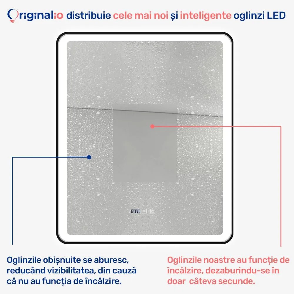 Oglindă LED Dreptunghiulară (75x90 cm), Lumină Rece, Intensitate Reglabilă, Funcție Dezaburire, Ceas (Timer) și Termometru, Ramă Aluminiu, Control Tactil (Touch)