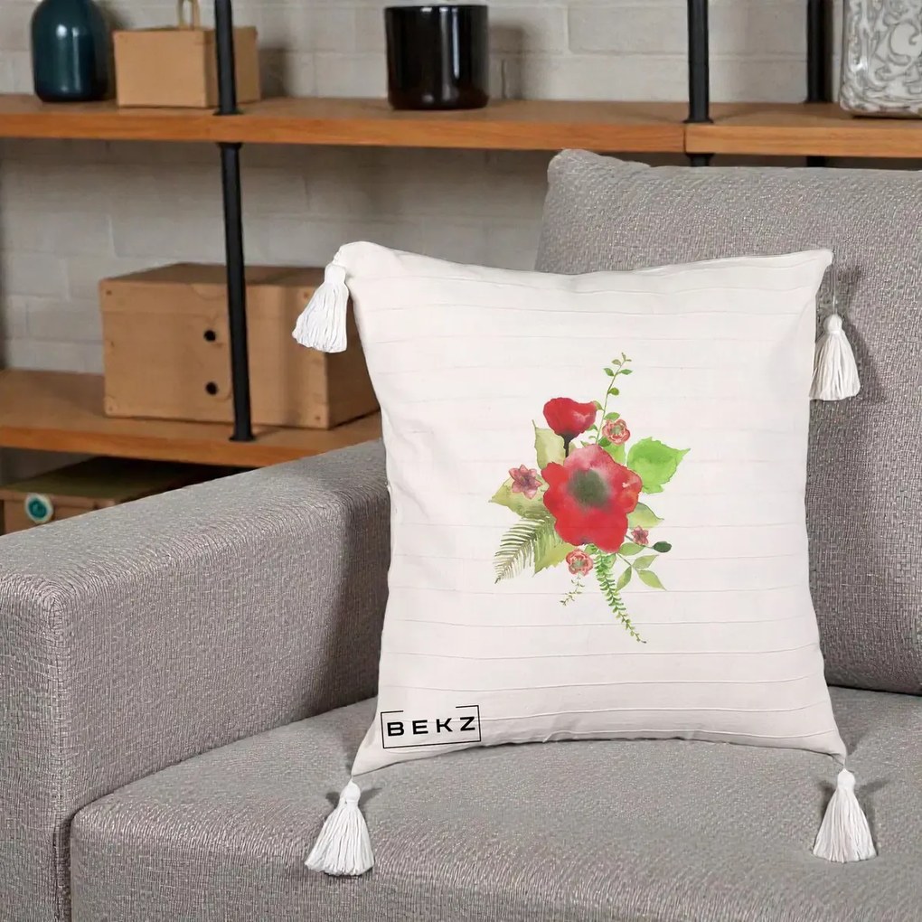 Perna Decorativa Buchet Rosu Acuarela, 40x40 cm, Bej cu Franjuri, Husa Detasabila, Perna Inclusa, BEKZ®