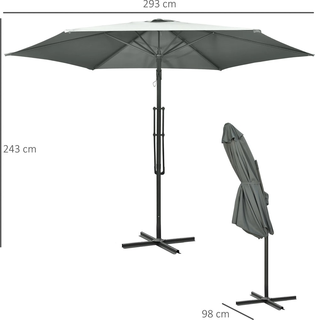 Outsunny Umbrelă cu braț lateral Ø293cm umbrelă de soare cu levier lateral, bază în cruce, protecție la vânt, rezistentă la apă Gri închis | Aosom Romania