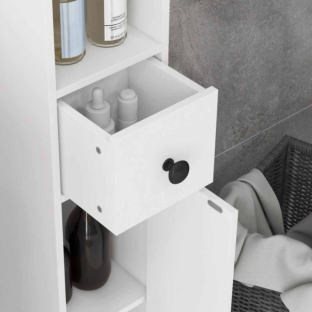 kleankin Cabinet de baie, 4 rafturi, sertar, plăci aglomerate, design subțire, Alb | Aosom Romania