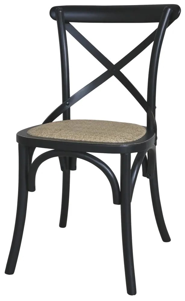 Scaun dining negru din lemn de cauciuc, rattan si rachita, cu aspect vintage, French
