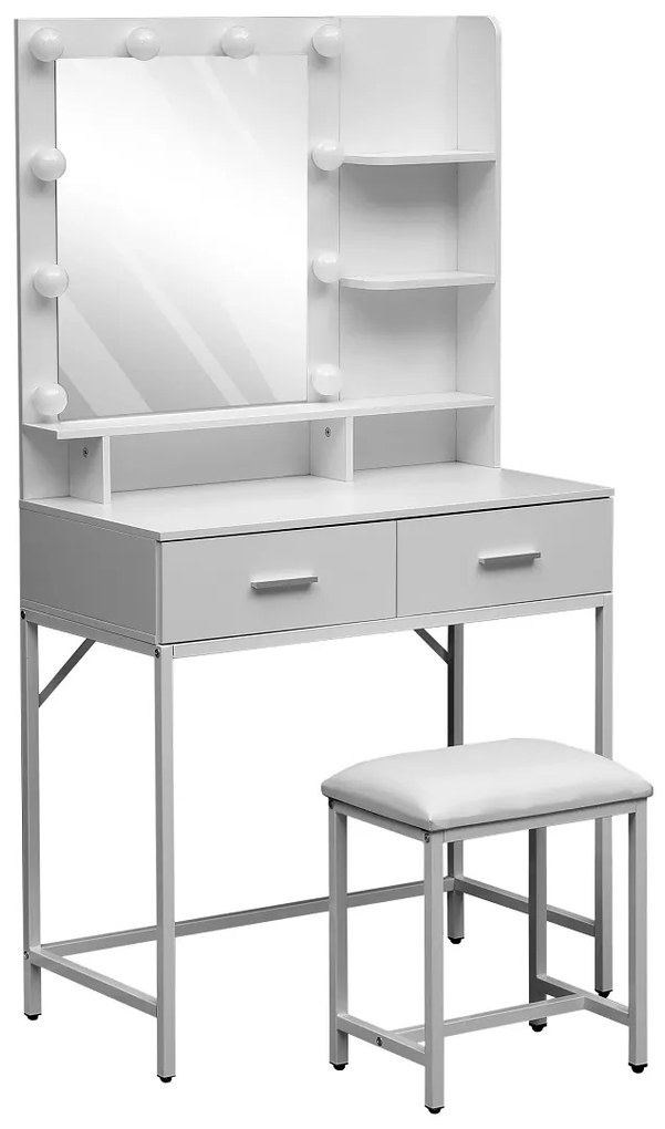 Set ELINORE – Masă de Toaletă pentru Machiaj, Oglinda 10 becuri LED, Iluminare reglabila, 2 sertare, separatoare, rafturi, scaun, Alb
