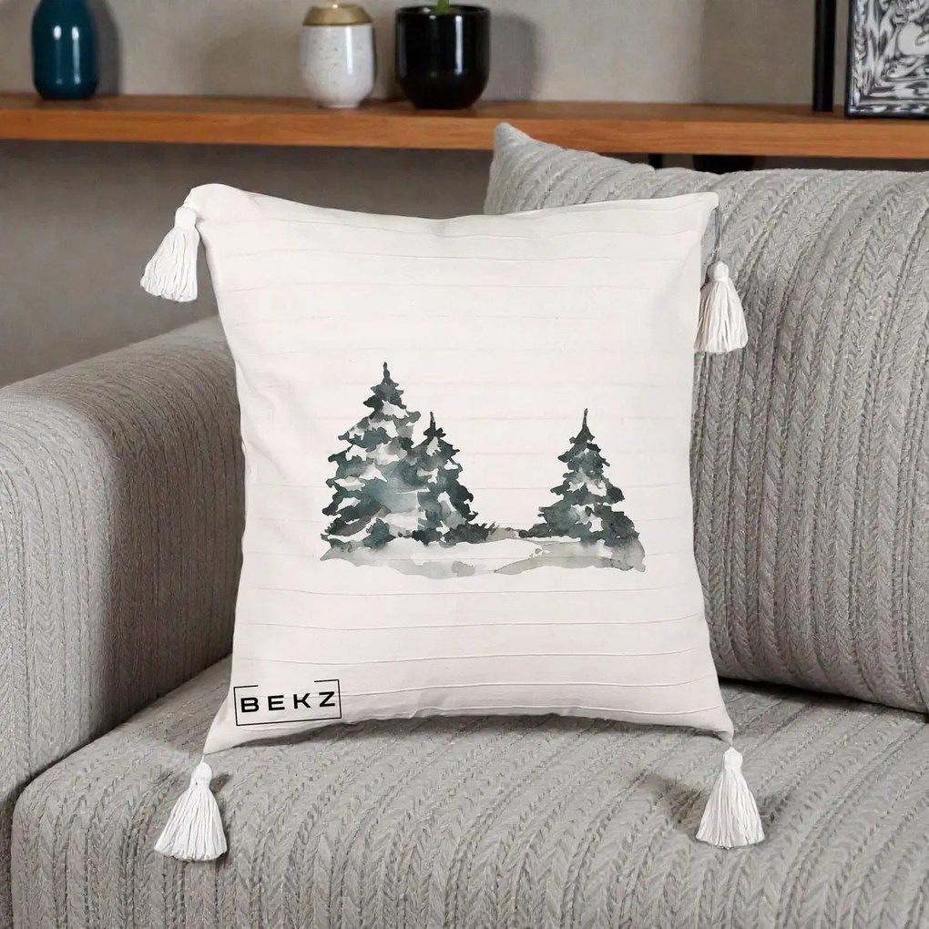 Perna Decorativa Brazi Inzapeziti Acuarela, 40x40 cm, Bej cu Franjuri, Husa Detasabila, Perna Inclusa, BEKZ®